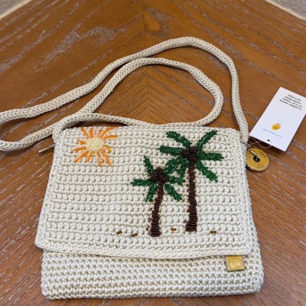 NWT Vintage The Sak Knit Classic Crochet Beaded Palm Tree & Sun Crossbody - Picture 1 of 8